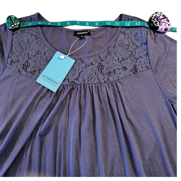 Lediosto Pleated Purple Knit Lace Top Short Sleeve Scoop Neck Size Medium - Picture 13 of 15